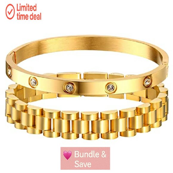 18K Gold Plated Link Bracelet Set, Stainless Steel with Adjust Tool - Picture 2 of 8